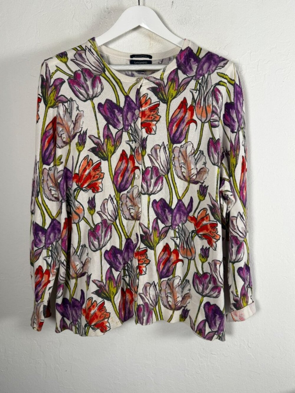 Lands End Womens Floral Cardigan Sweater 2X Supima Cotton Button Front Purple
